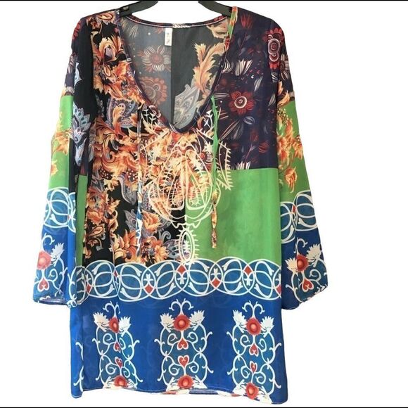 Swimsuit Beach Cover-Up Sz M Sheer Green Relaxed Fit Large Floral Swim Cover-Up - Picture 1 of 9